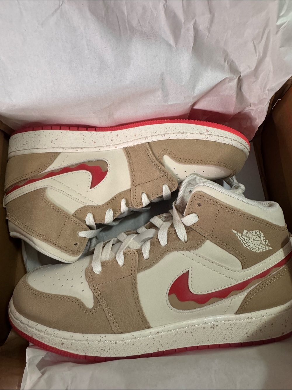 Jordan Kids Mid-Top Sneakers in Tan, White & Red